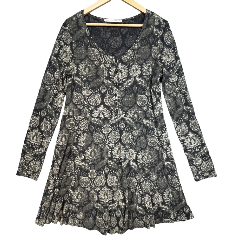 Peruvian Connection Grey Damask Pima Cotton Modal Fit Flare Dress‎ Womens Medium